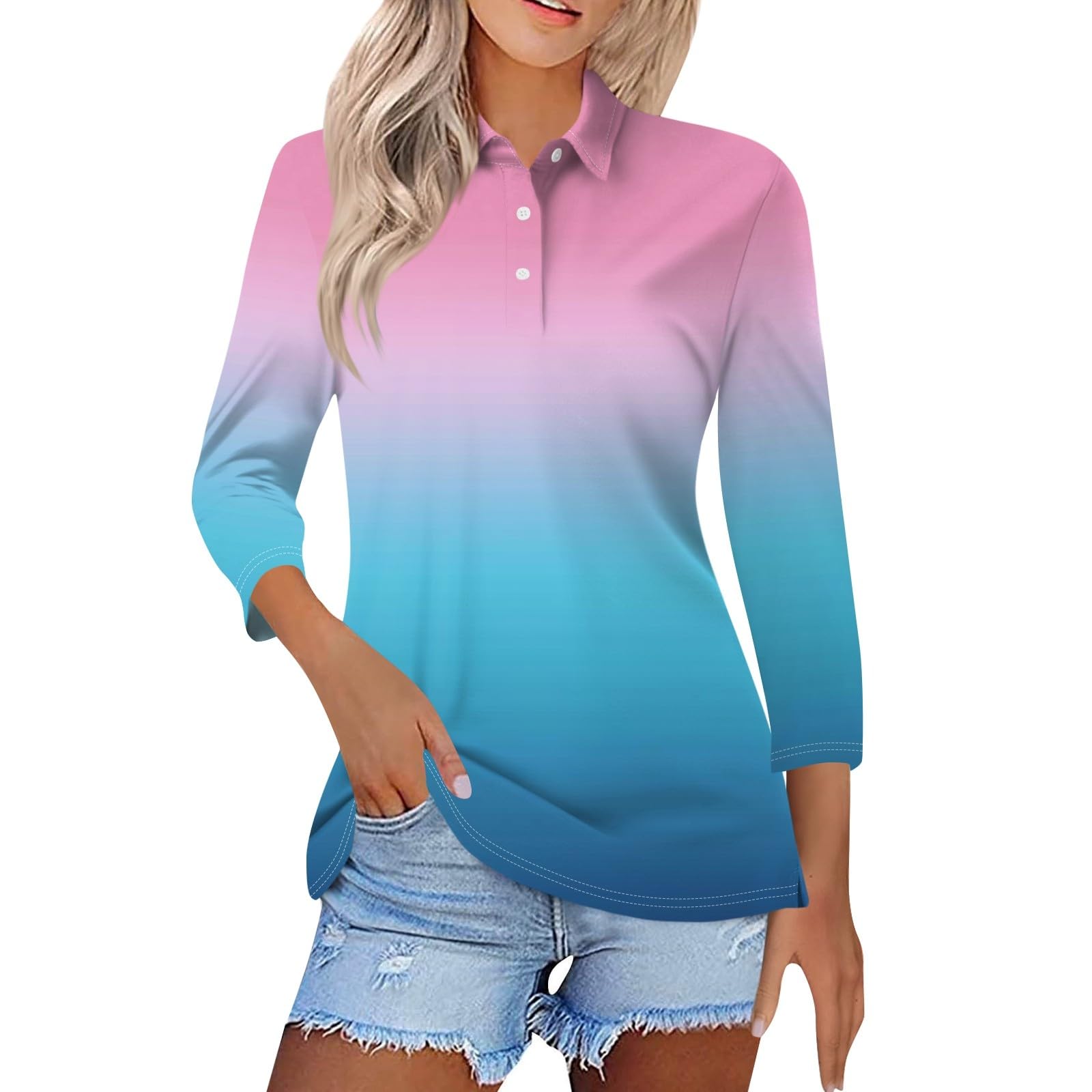 3/4 Length Sleeve Womens Tops Summer Gradient Polo Funny Golf Shirts Button Up Lapel Soft Hawaiian Holiday Business Casual Blouses Ethnic Boho Plus Size Clothes Womens Golf Shirt 2025, Blue, S