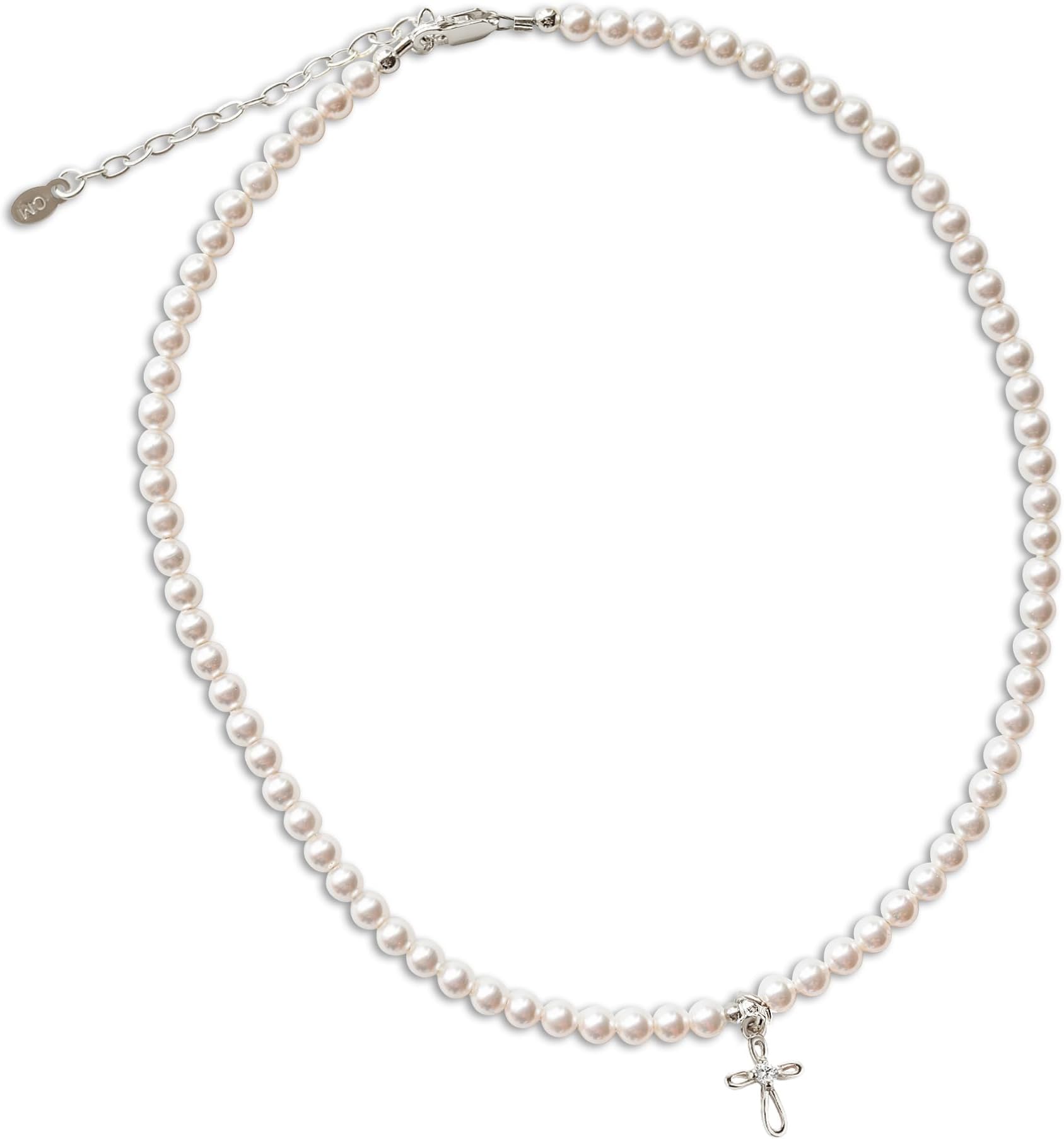 Children's 14K Gold Plated or 925 Sterling Silver Cross Bracelet with Simulated Pearls for Girls First Communion, Baptism, Christening or Dedication Gift