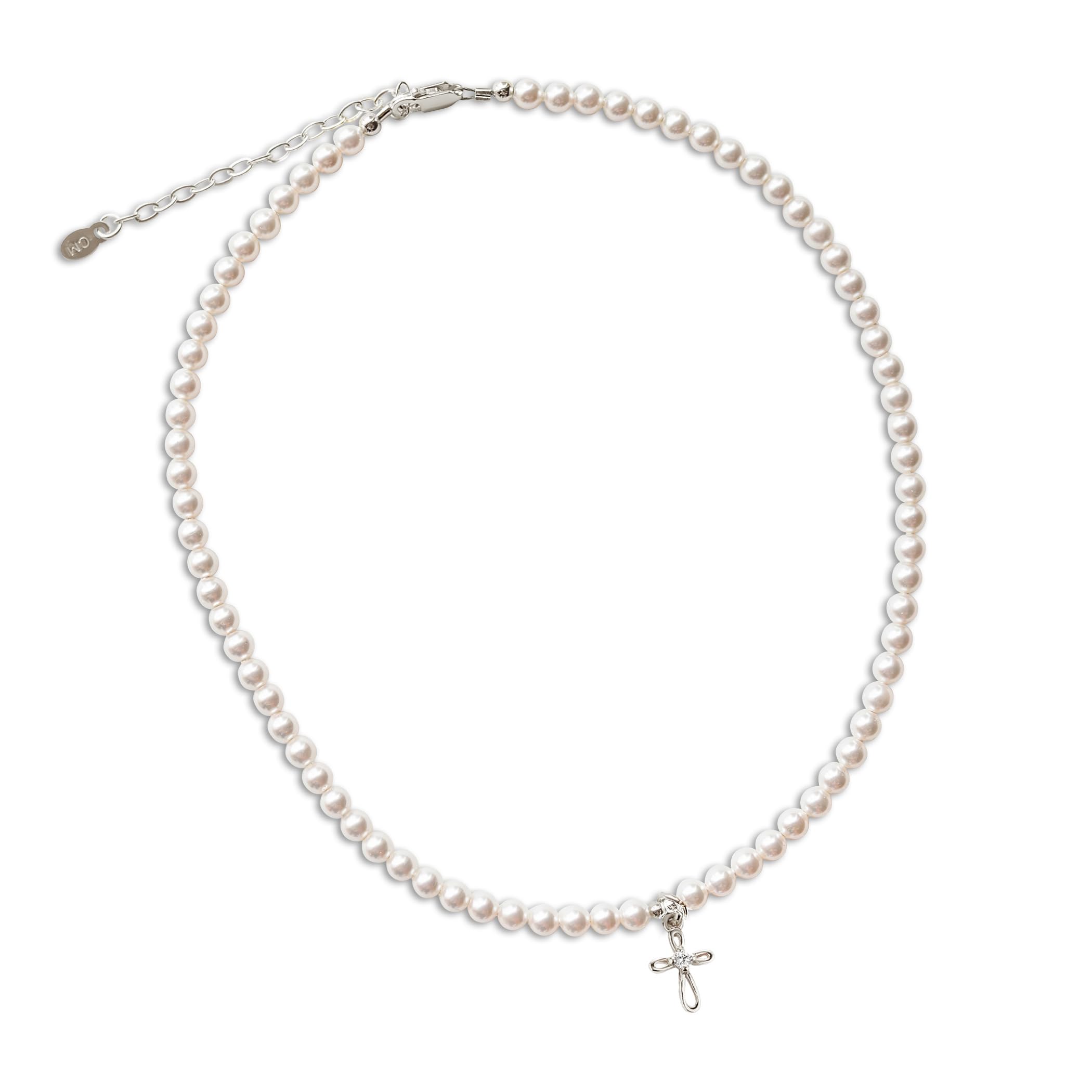 Children's 14K Gold Plated or 925 Sterling Silver Cross Bracelet with Simulated Pearls for Girls First Communion, Baptism, Christening or Dedication Gift