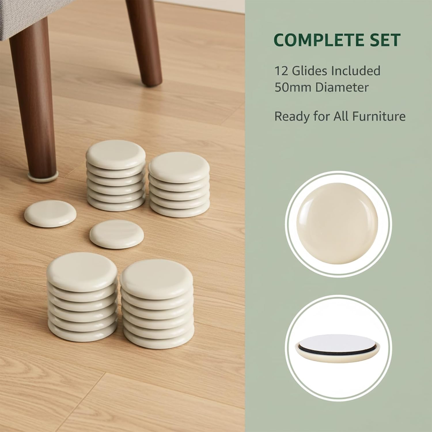Heavy Duty Furniture Sliders 50mm Self Adhesive Teflon Plastic Sliders for Chairs, Sofas and Washing Machines - Protect Carpets and Hard Floors - Pack of 12