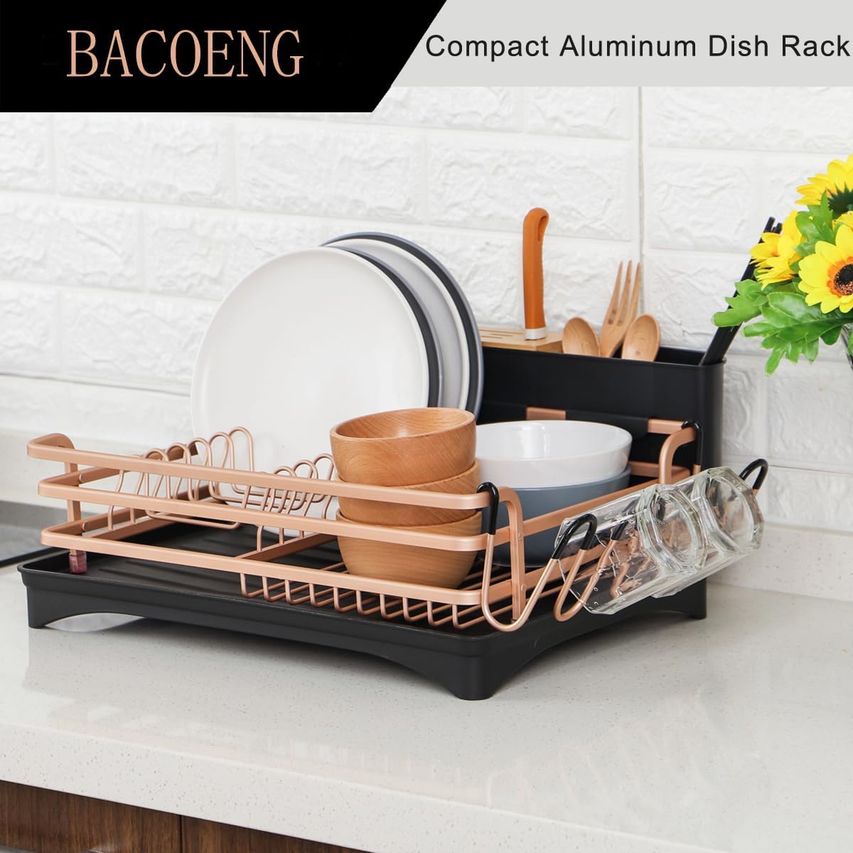 Gold Aluminum Dish Drying Rack with Utensil Cup and Swivel Spout