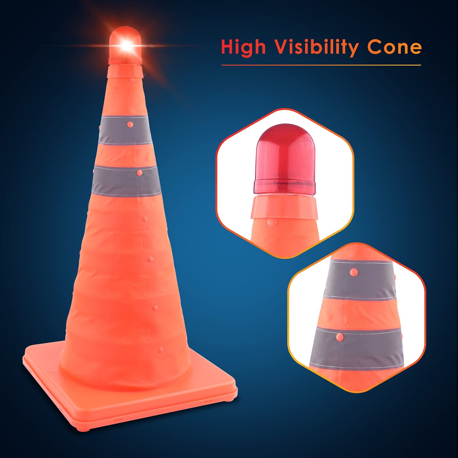 ERKOON 4 conos de tráfico plegables de 45,7 cm con 4 luces rojas intermitentes de PVC de seguridad para carretera de aparcamiento naranja fluorescente, conos de seguridad reflectantes