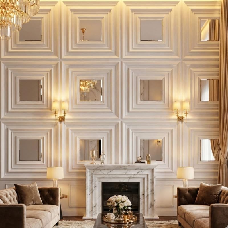 Image of Kayra Decor 3D PVC Wall Panels for Bedroom & Living Room | Frame Design | Mirror White Color | 19.7 x 19.7 Inch | Pack of 12 | 32.28 Sq Ft