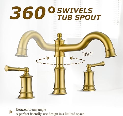 Miniatura 14 de Grifo romano para bañera de montaje en cubierta para baño, boquilla clásica elegante y generalizada con 3 agujeros, cartucho de válvula de 2 manijas