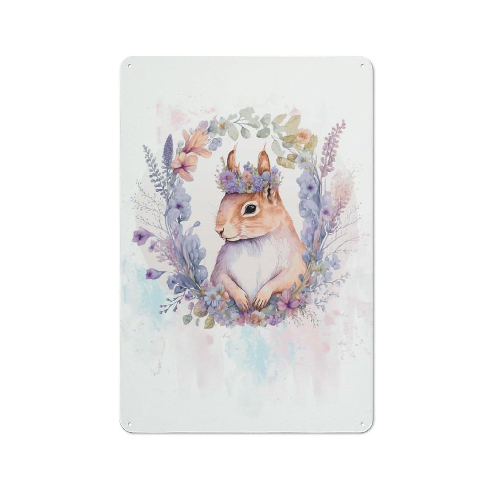 Junmoney Style-10 Floral Squirrel Painting Tin Wall Plaque 30X20cm, Rustic Cottage Wall Art For Dining Room, Cafe, Entryway Or Family Room