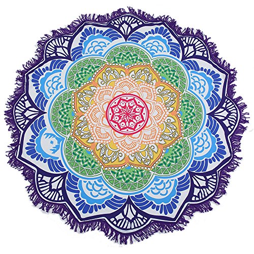 Lucky Shop1234 Large Round Lotus Flower Mandala Tapestry Beach Towel & Blanket Table Cloth Fringe Tassel Beach Blanket Yoga Mat (Purple)