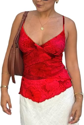 Women Y2k Babydoll Cami Top Spaghetti Strap Lace Trim V Neck Floral Print Mesh Tank Ruffle Coquette Fairy Crop Top