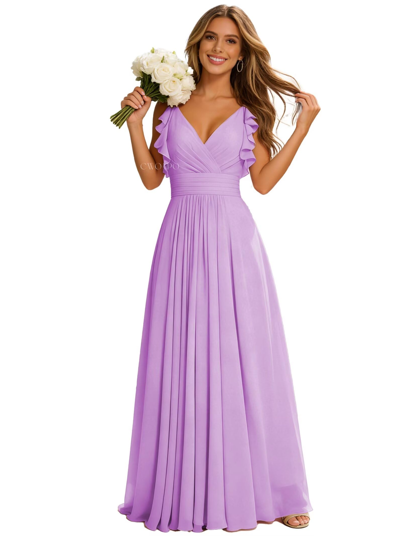 CWOAPO V Neck Bridesmaid Dresses for Women Long Ruffles Chiffon Spaghetti Straps A Line Pleated Formal Evening Gowns