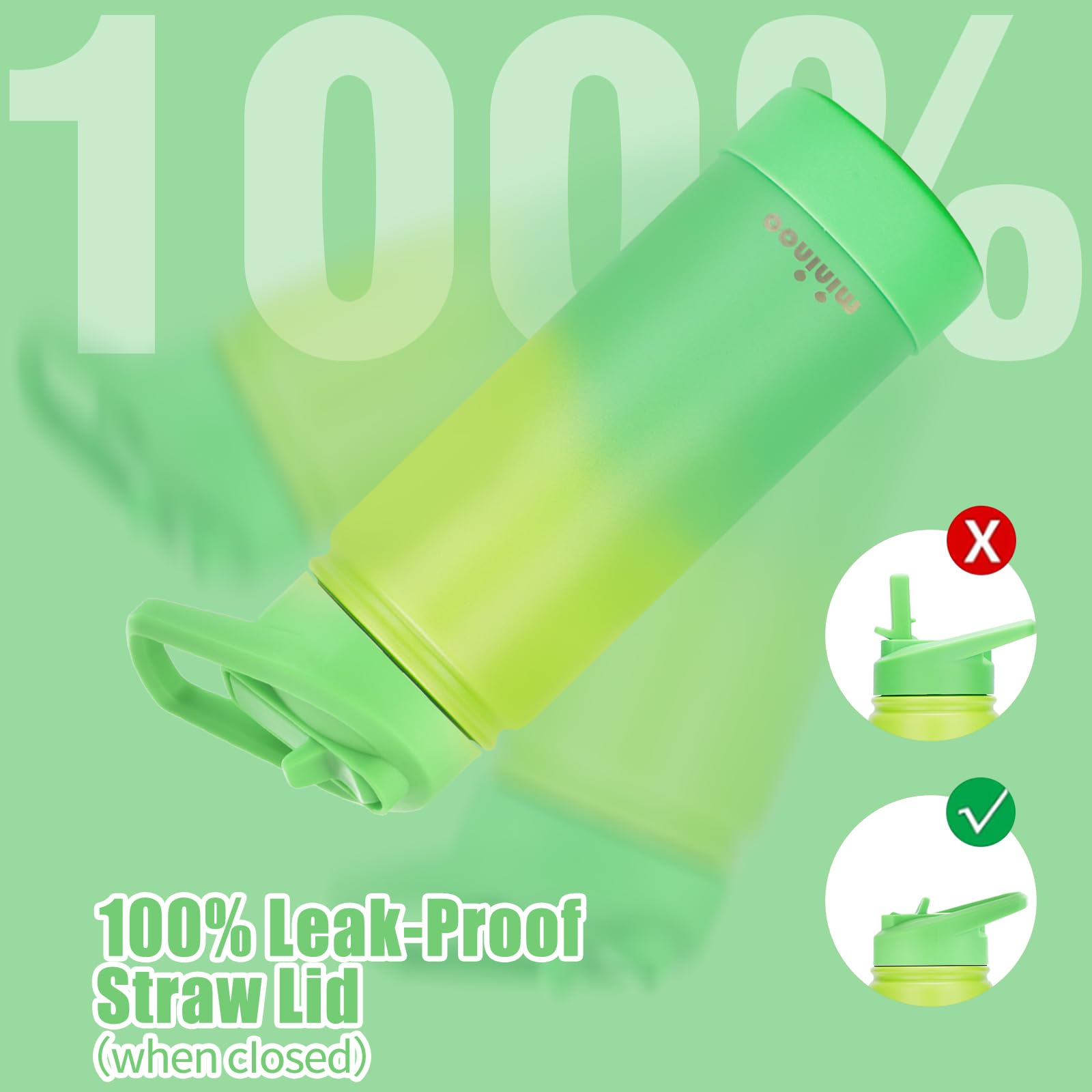 Mininoo Botella de agua para niños para la escuela, botella de agua aislada de acero inoxidable galvanizado de 16 onzas con tapa de popote para niñas y niños