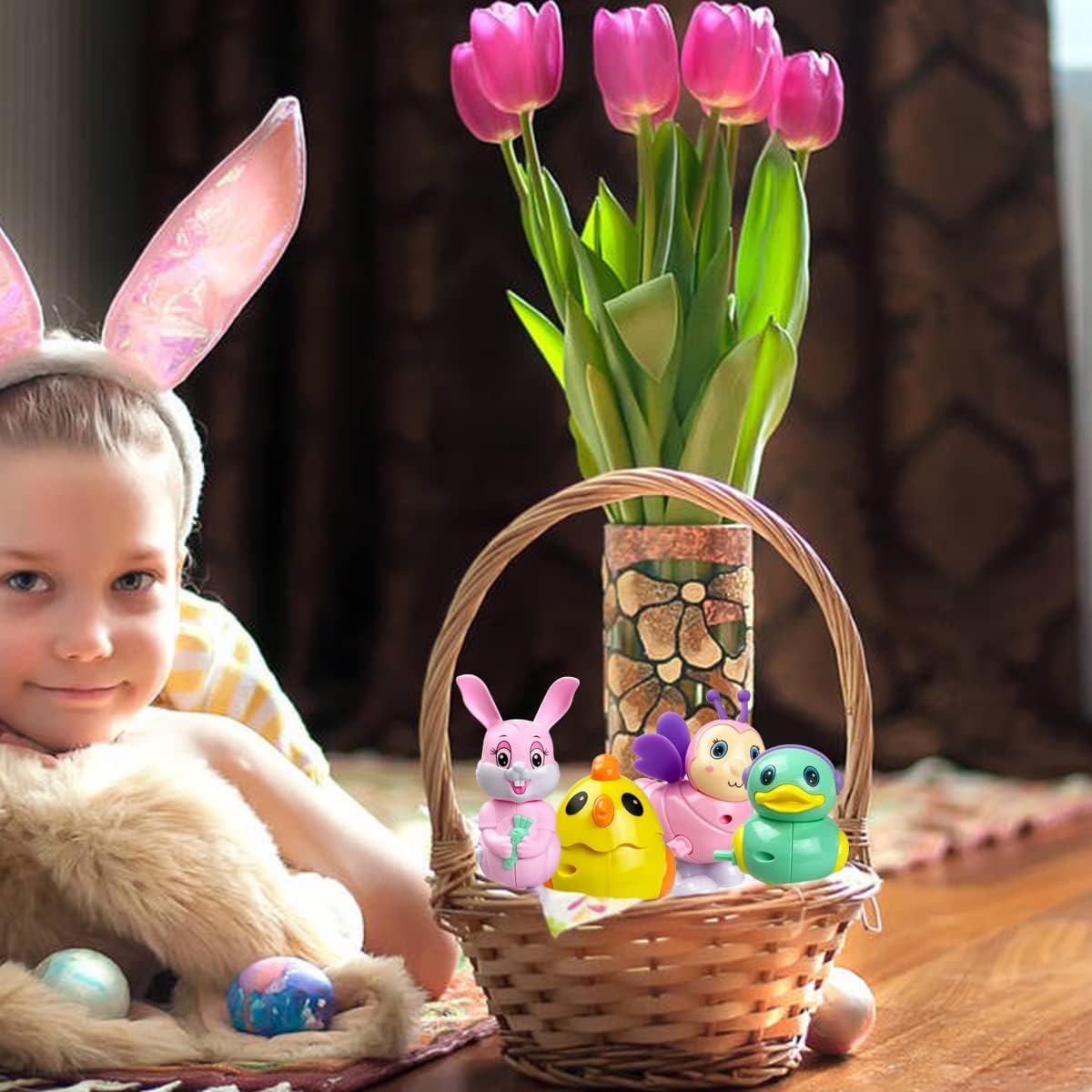 EKKONG 6 Pezzi Giocattoli a Carica di Pasqua, Giocattolo a Orologeria con Ape, Rana, Pulcino, Gufo, Anatra, Coniglio, Set di 6 animali a molla di Pasqua per Bambini