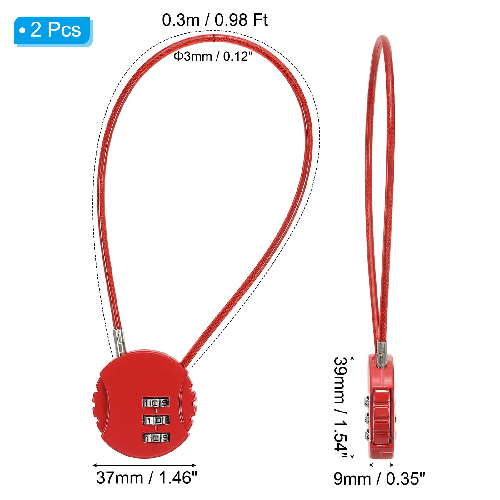 PATIKIL 2 Pack 3 Digit Combination Lock,Round Helmet Padlock Cable Lock Gym Locker Lock with 0.98Ft Flexible Security Steel Lock Wire for Bike Locker Travel Luggage Red - Image 2