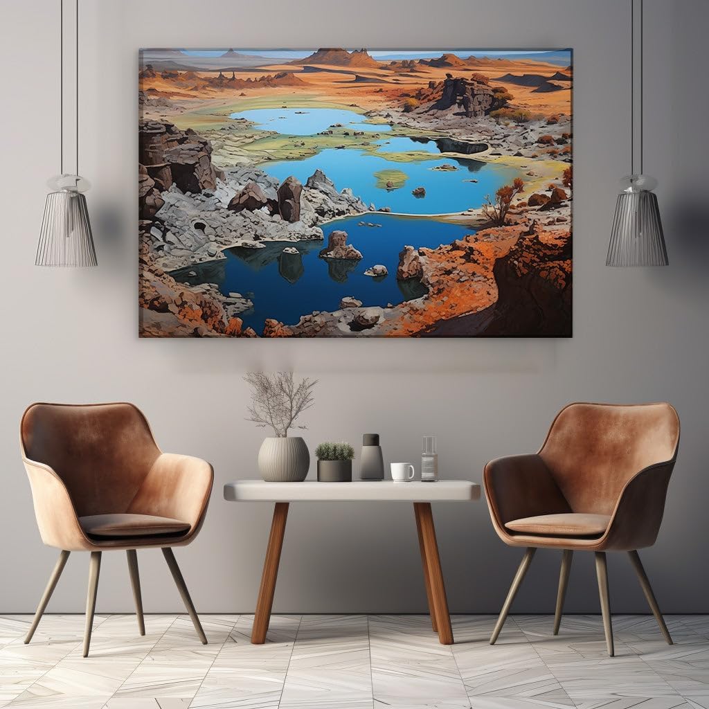Canvas for Living room. Desert Oasis Serenity: Capturing Tranquility in Oil, 27 x 18 inch Canvas Wall Art - Contemporary Masterpieces - Modern Home Decor