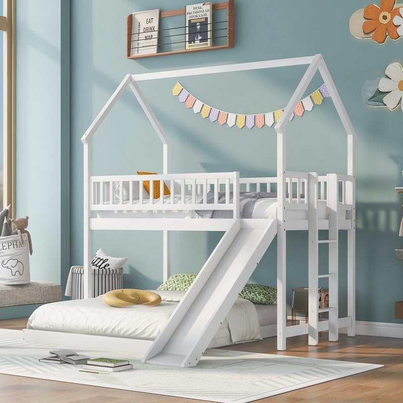 Twin Over Full Bunk Bed with Slide, Wooden House Bed Frame with Full-Length Guardrail and Built-in Ladder, Modern House Bunkbed No Box Spring Needed, Easy Assembly, White