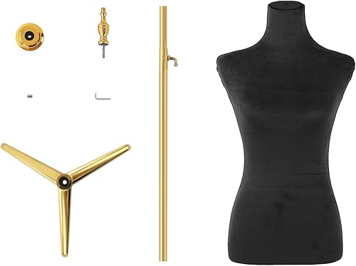 Miniatura 7 de Soporte de trípode dorado para maniquí femenino, maniquí de altura ajustable para cuerda, maniquí de forma de vestido (negro, terciopelo)