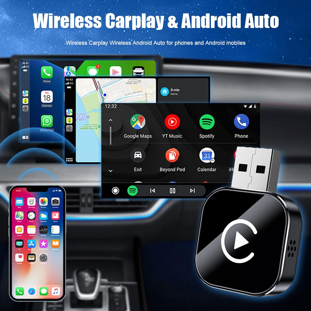 Dongle Bluetooth Voiture Adaptateur CarPlay/Android Auto Sans Fil YiYunTE - 2 En 1 Plug & Play Easy Play