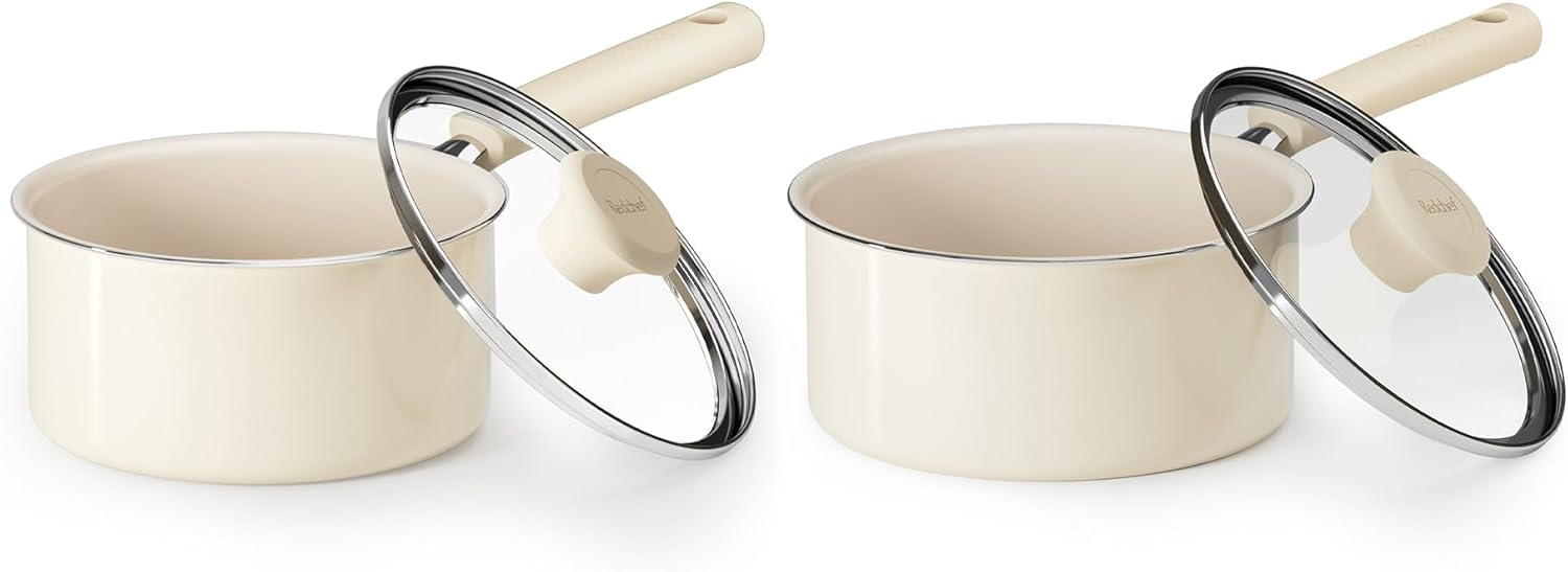 Redchef Ceramic Nonstick Saucepan with Lid, Small Cooking Pot, Non Toxic Sauce Pans for Kitchen, Cool Handle PFAS Free Compatible with All Cooktops, (White 1.5+2.5QT)