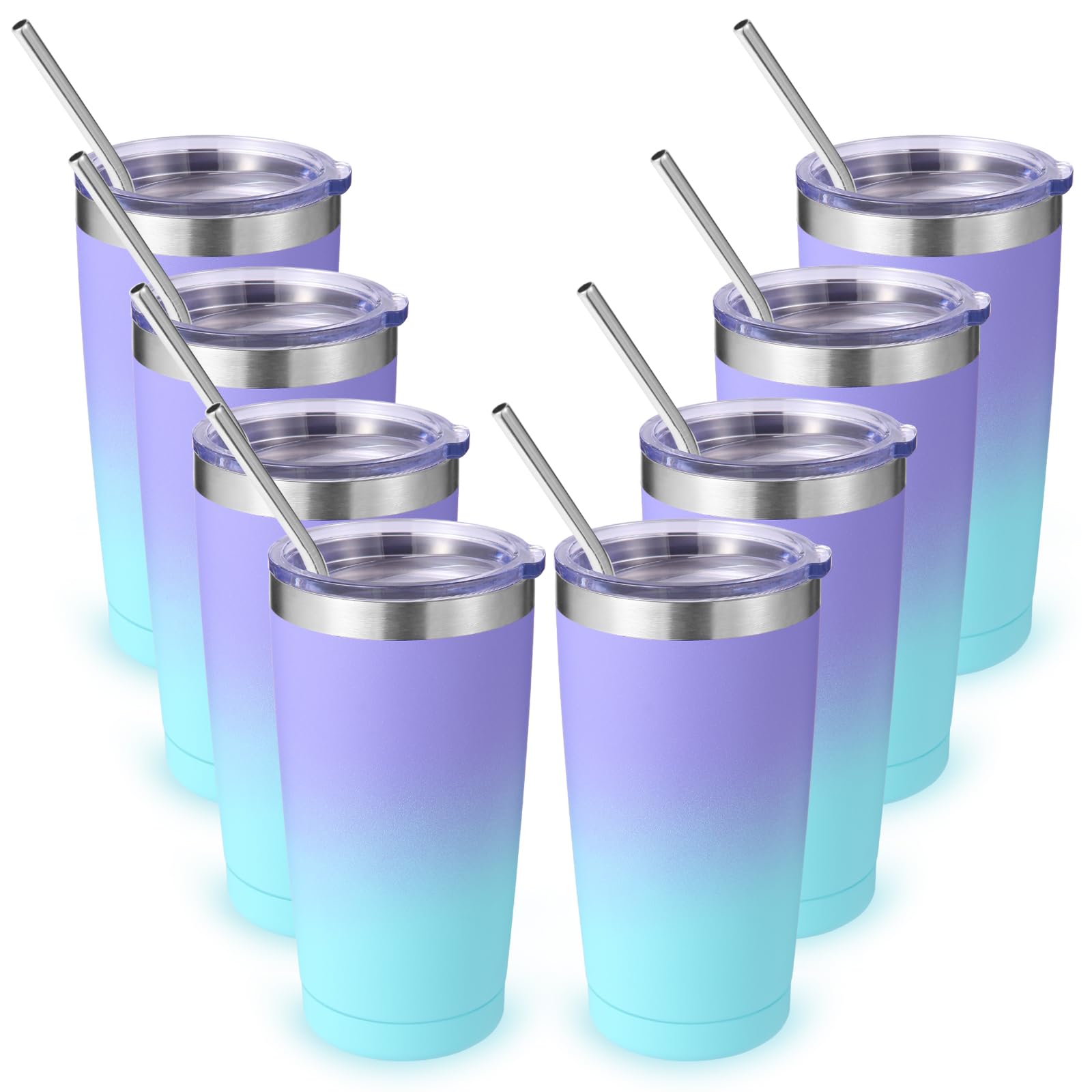 Volhoply 20oz 550ml Travel Insulated Tumbler with Lid and Straw Bulk 8 Pack, Double Wall Stainless Steel Coffee Mug Fits Cup Holder,Powder Coated Cups for Cold Drinks, BPA Free（Purple Bule,8 Set）