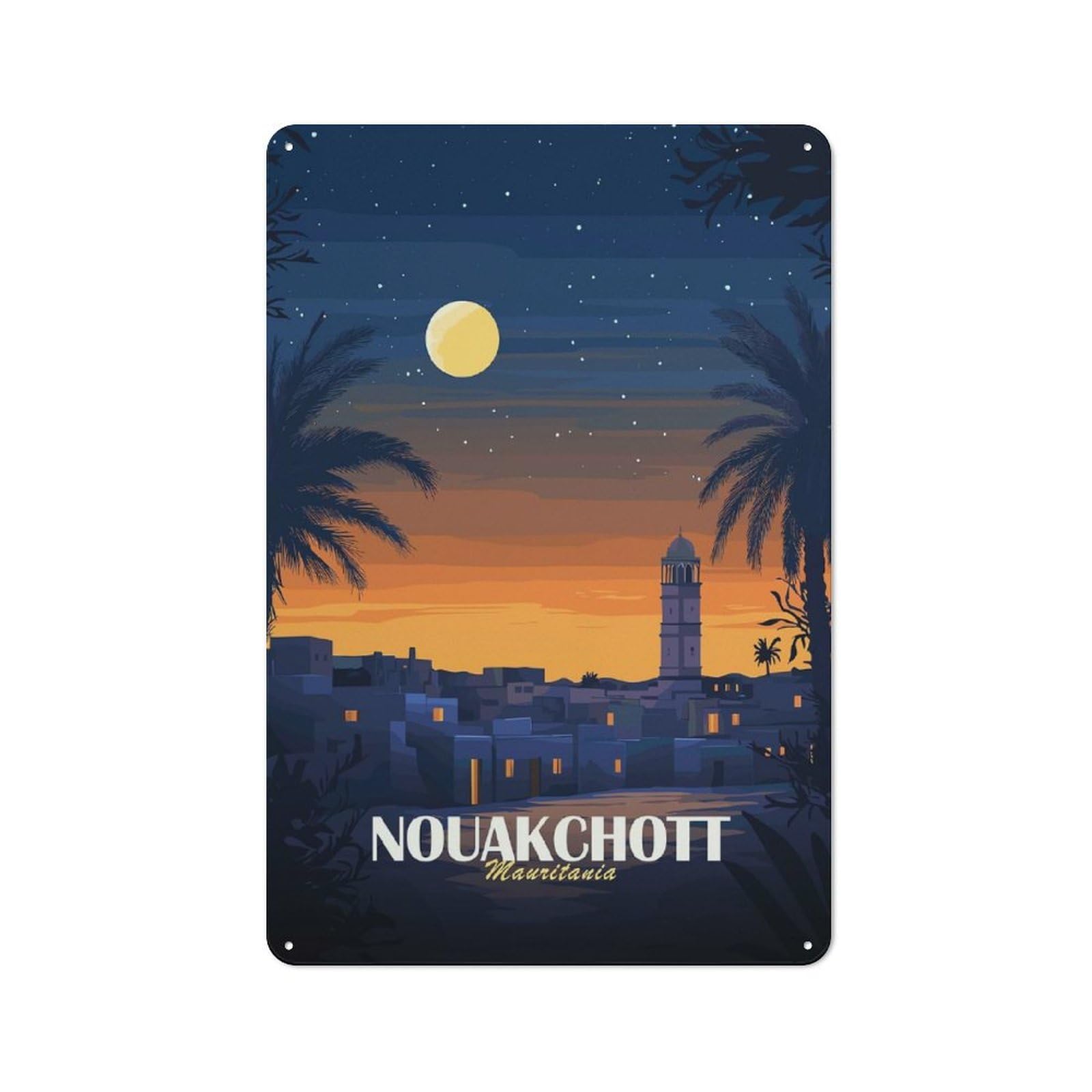 Junmoney Style-6 Metal Wall Sign 30X20cm Featuring Nouakchott Cityscape At Dusk For Living Room Wall, For Feature Wall Decorators