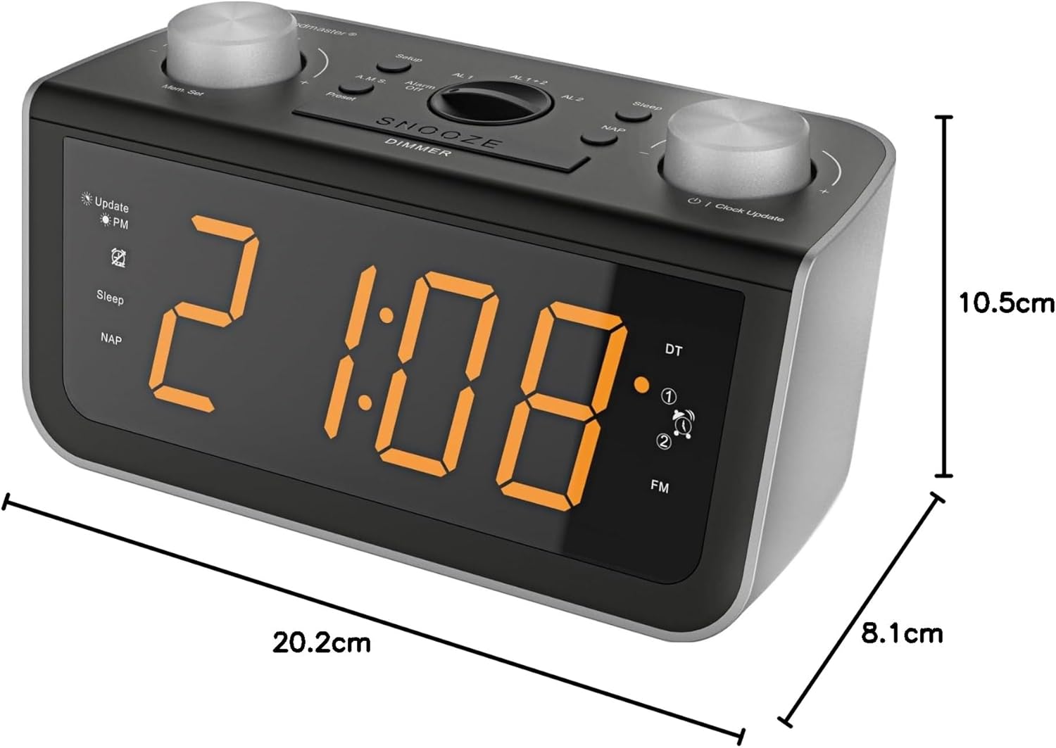Soundmaster FUR 5005 Clock Radio with dimensions: 20.2cm width, 8.1cm depth, 10.5cm height