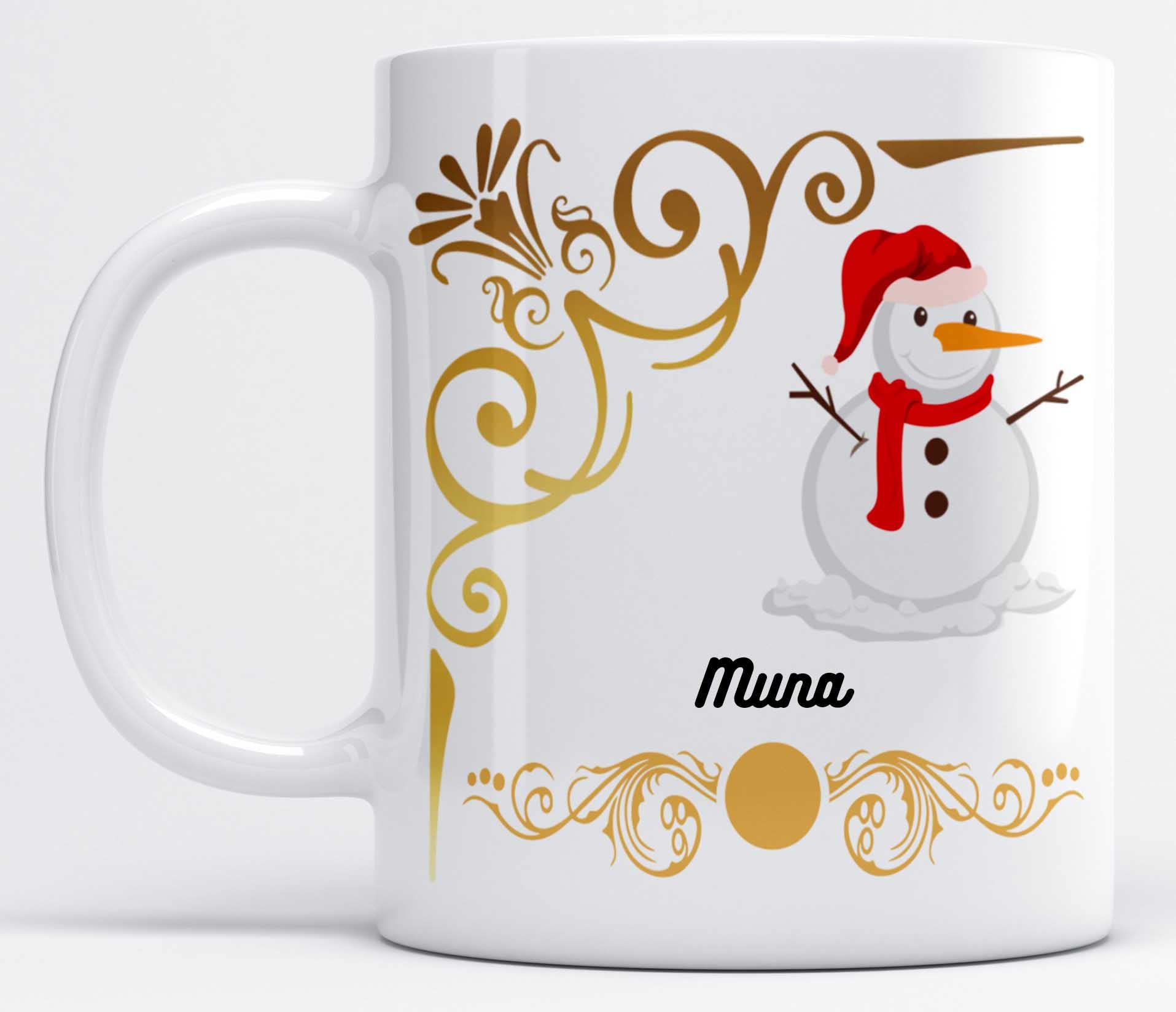 LOROFY Name Muna Printed Snowman Design White Ceramic Coffee Mug (350ML)