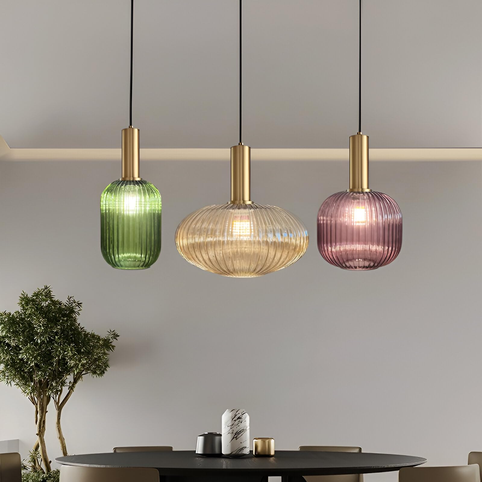 Suspension verre fumé Cristali | Lustre vintage pour salle à manger, ilot de cuisine, entree | suspension luminaire salon doré | Suspension vintage (Ambre Brillant, C - Poignée Tube)