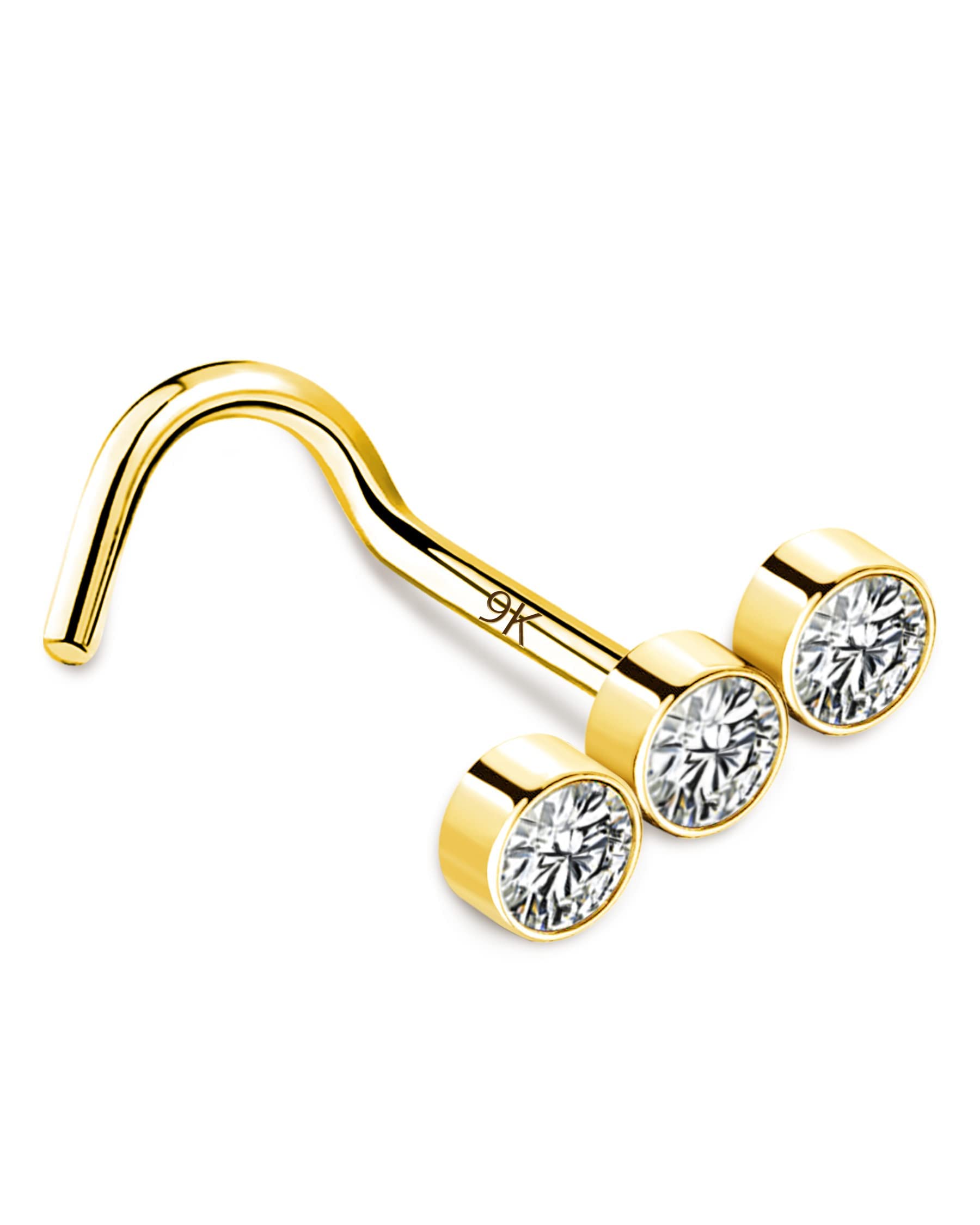 MeIighting 9ct & 14ct Yellow Gold Nostril Piercing Stud 20G Nose Ring Piercing L Shaped Nose Stud Round CZ Screw Nose Ring Piercings Gold Nose Bone Nose Ring Stud Piercing Jewelry