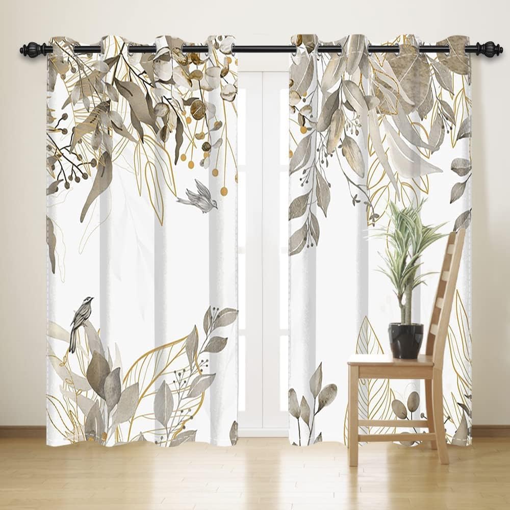 Gardinen Eukalyptus, Vorhänge Grau Blätter Blumenmuster Ösenvorhang Blickdicht Thermogardinen Fensterschal Verdunklungsvorhänge für Wohnzimmer Schlafzimmer Kinderzimmer, 2er Set, 135Bx215Hcm