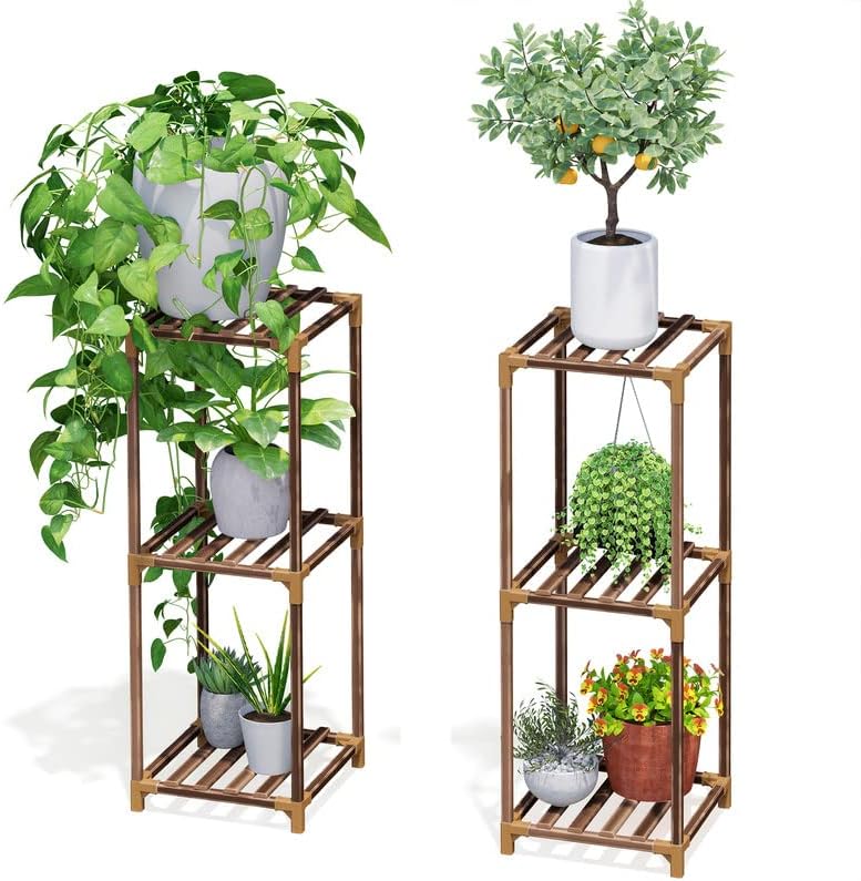SpaceAid 2 Pack Plant Stands for Indoor Outdoor Plants Set, 33"/33" Flexible Combination Tall Plants Stand Shelf for Patio, Wood Flower Pot Holder for Living Room, Corner Balcony and Garden