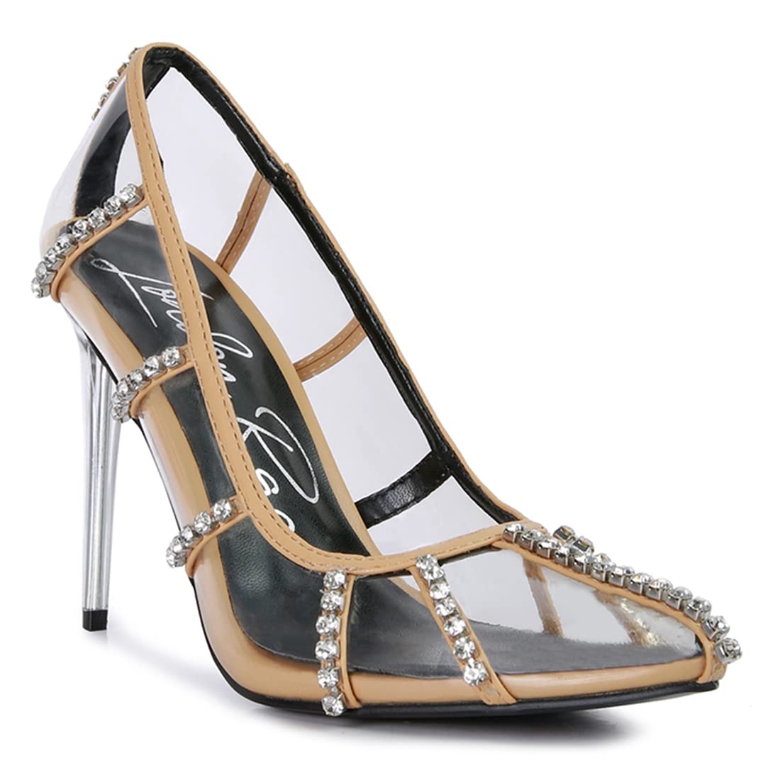 London RagBlack Diamante Clear High Heel Cage Pumps