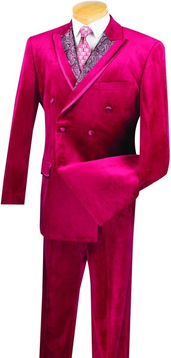 Vinci 6 Button Double Breasted Trimmed Velvet Fashion Suit F2DG-1-Burgundy-44R
