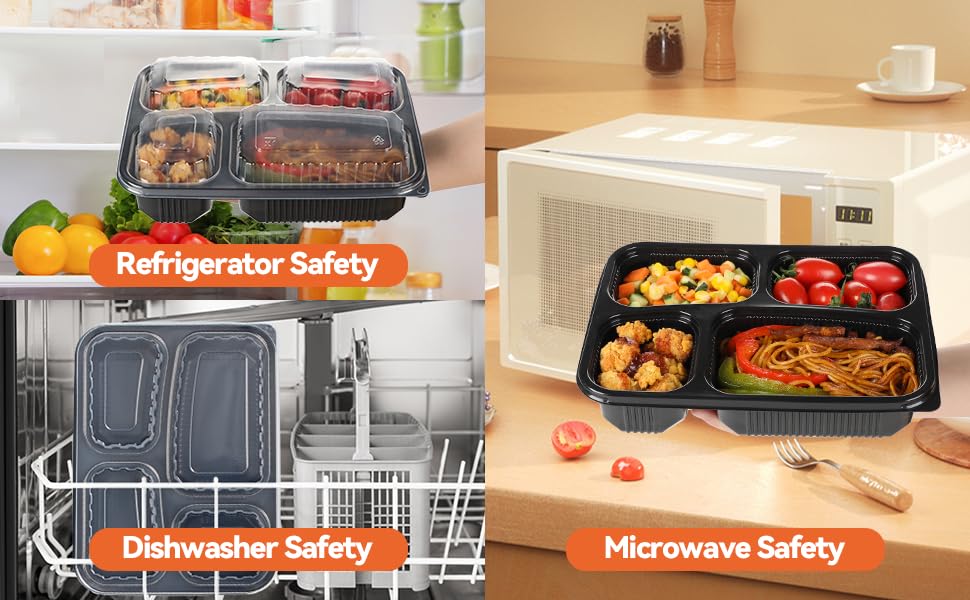 Image of Krum 4-Compartment Plastic Plate | Durable Reusable Meal Tray with Sections | Microwave Safe Food Serving Plate for Office, Home, Restaurants, Canteens & Food Delivery (Pack of 100)