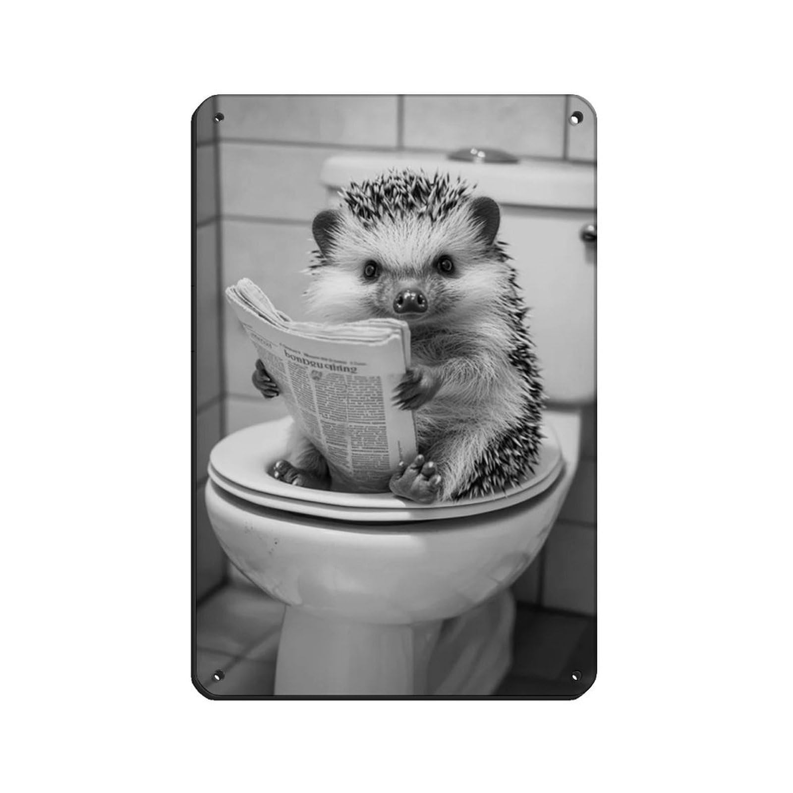 Hedgehog Sitting on The Toilet Reading A Newspaper Retro Poster Metal Tin Sign Chic Art Retro Iron Painting Bar People Cave Cafe Family Garage Poster Wall Decoration 8x12inch(20x30cm)