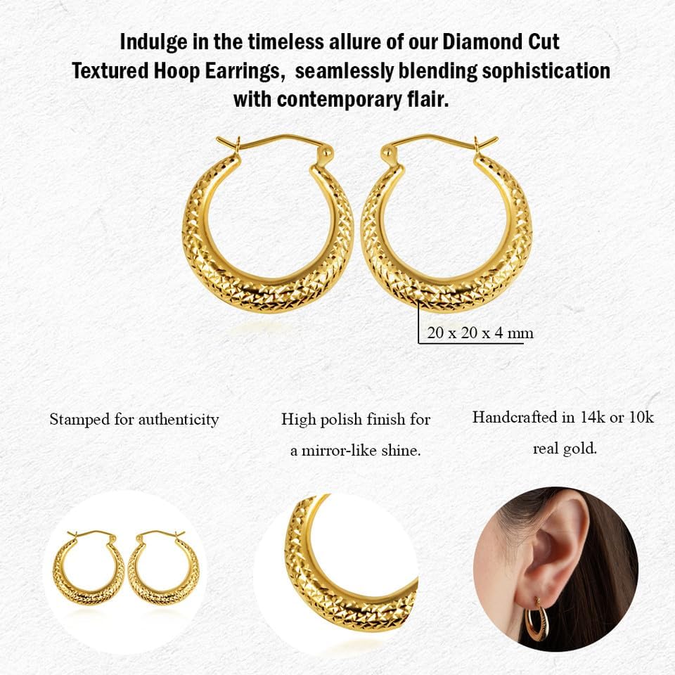 10K or 14K Yellow Gold Sparkle Cut Textured 4mm Thickness Rounded Reversible Hoop Earrings for Women Girls, 20mm Diameter