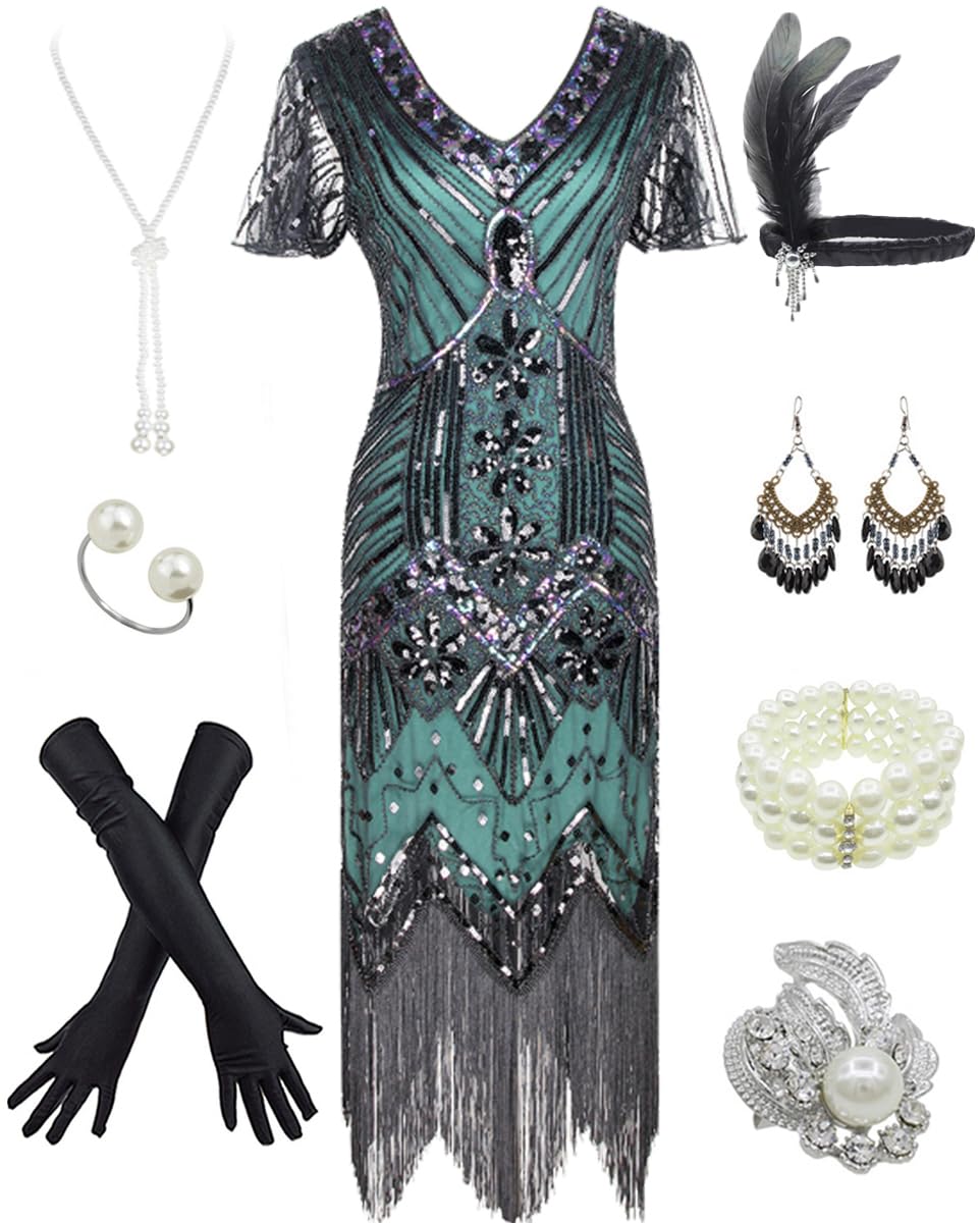 Women's 1920s Gatsby Inspired Sequin Beads Long Fringe Flapper Dress w/Accessories Set