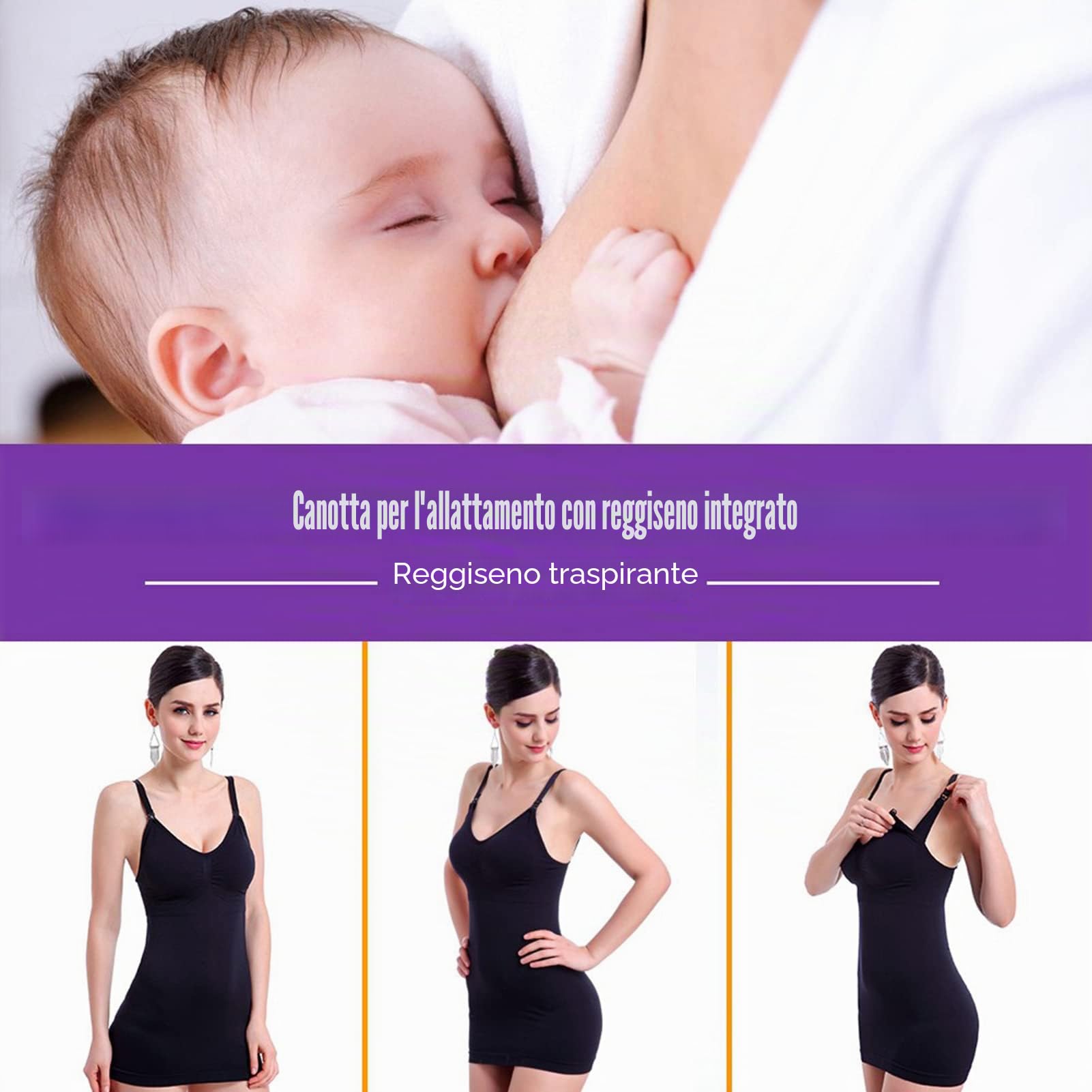 Canotta da Allattamento in Cotone, Canotta Sottile per Allattamento con Reggiseno Integrato per maternità(XXL-Nero)