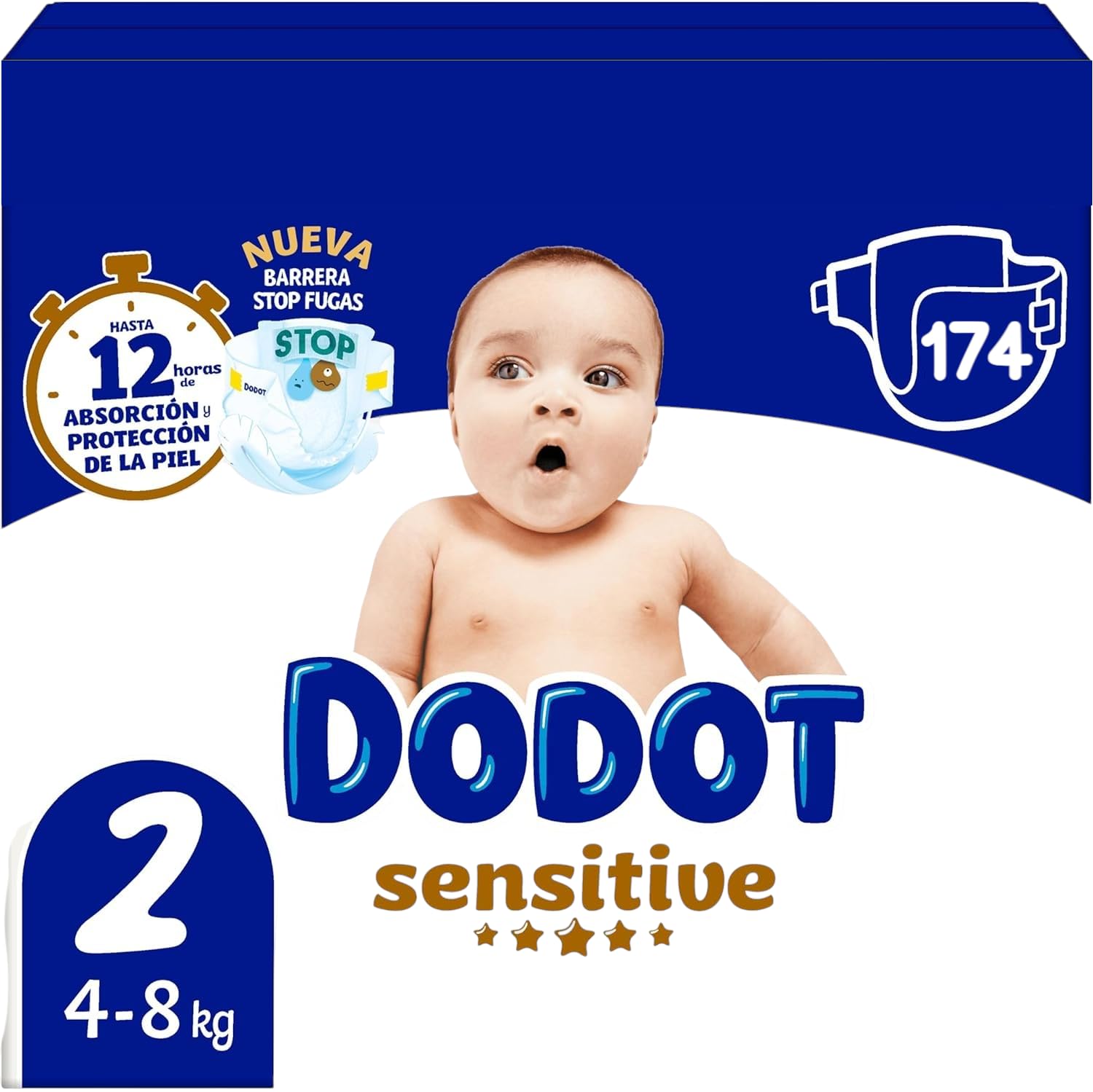 Dodot Pañales Bebé Sensitive Talla 2 (4-8 kg), 174 Unidades, Protección de la Piel Recién Nacido, Ultra Suaves, Indicador de Humedad, Barrera Anti Fugas, Testados Dermatológicamente