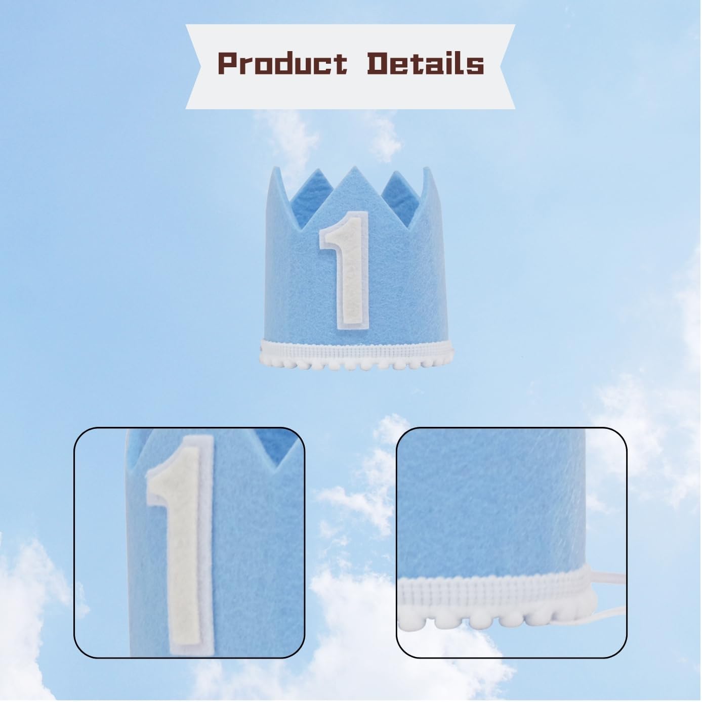 First Birthday Crown Hat, Blue Felt with White Number 1, White Pom Pom Trim - Image 6