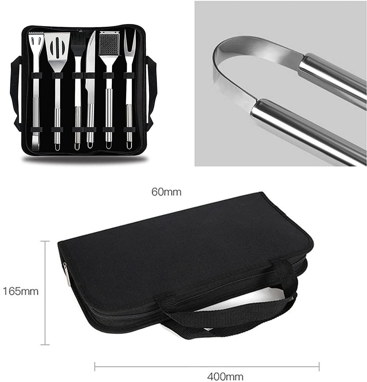 Set di 6 Utensili per Barbecue Resistenti, in Acciaio Inox, con Borsa portaoggetti, per Campeggio, Viaggi e Cucina all'aperto.