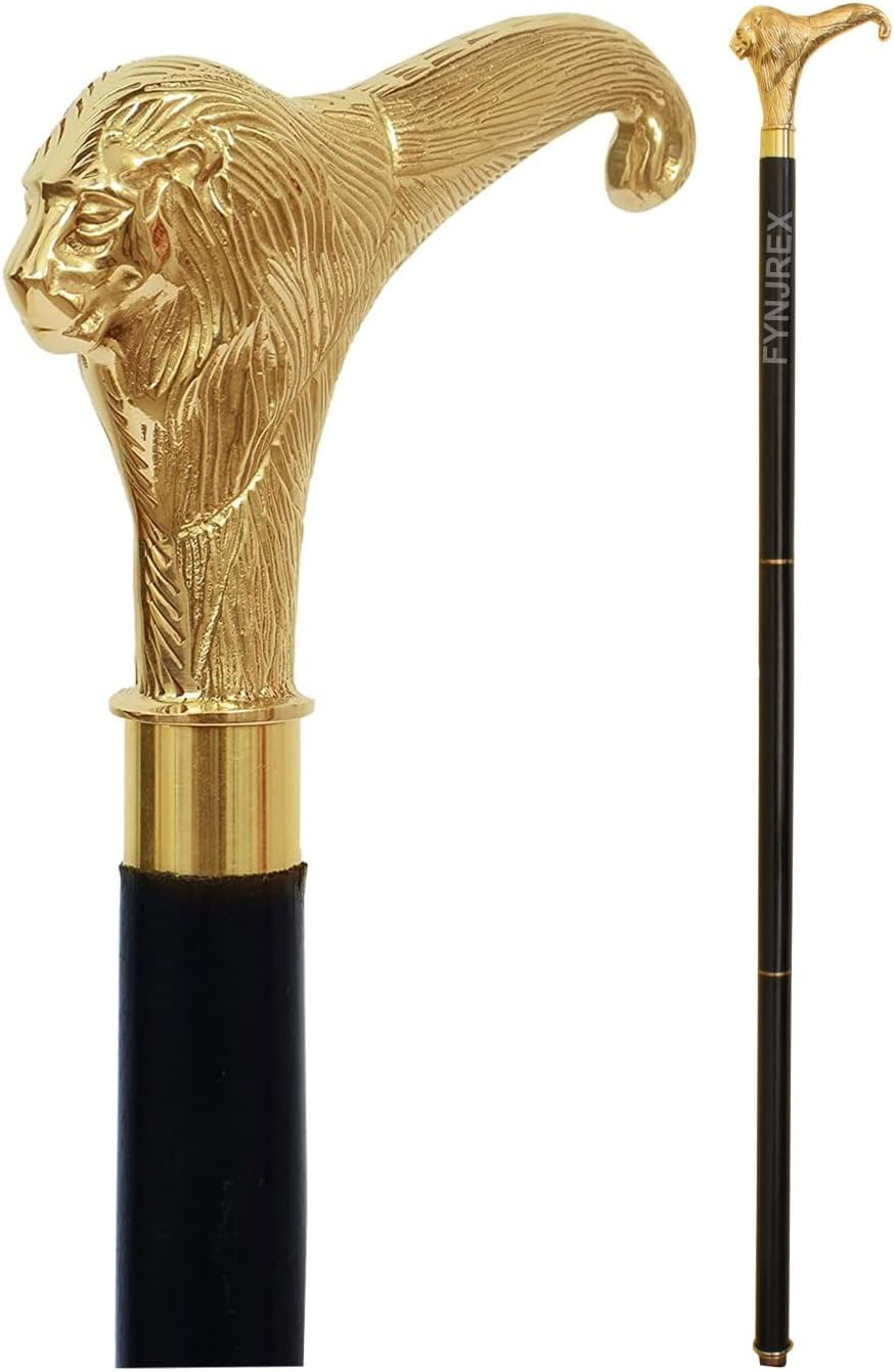 FYNJREX HANDMADE VINTAGE ART Brass Walking Stick Solid Vintage Designer Lion Head Wooden Cane Antique Style
