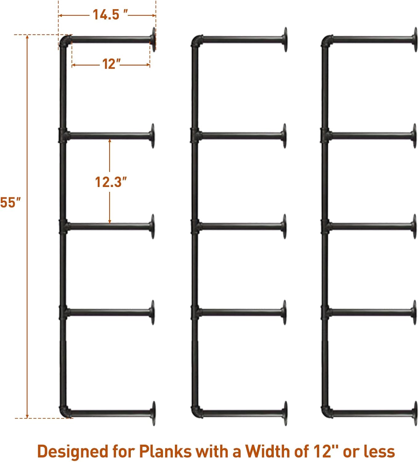 HITOMEN Industrial Iron Pipe Shelves, 3 Set 5-Tier, 55" Tall, 12" Depth, DIY Open Bookshelf Bookcase, Wall Mounted Vintage Retro Shelving, Rustic Farmhouse Pantry Kitchen Storage, Black Shelf Brackets