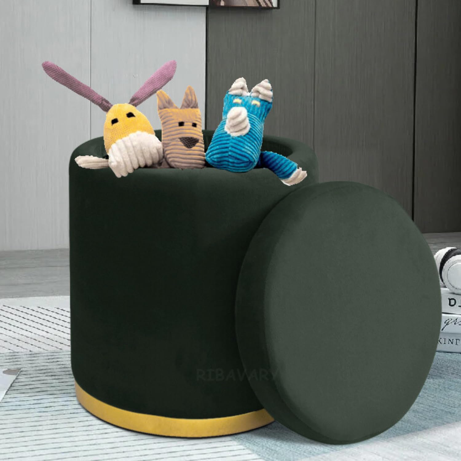ribavary storage ottoman sitting stool for bedroom & living room, velvet sofa side stool, wooden small ottoman footrest stool, makeup chair, pouf for office & home decoration (drum storage, black.)