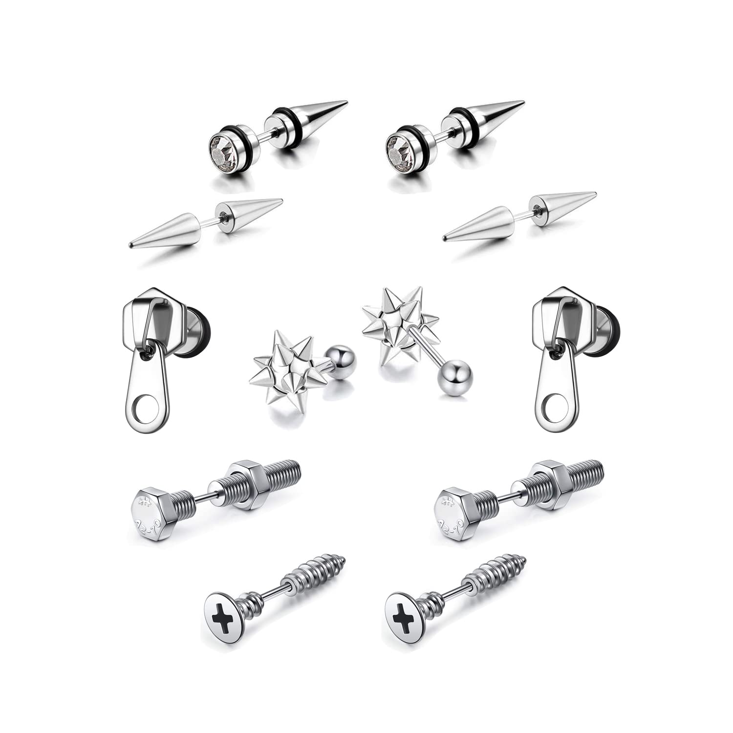 5 Pairs Punk Style Stainless Steel Black Tone Geometric Triangle Rivet Surgical Huggie Hoop Earrings Screw Nail Stud Earrings Gift for Men Women Teen