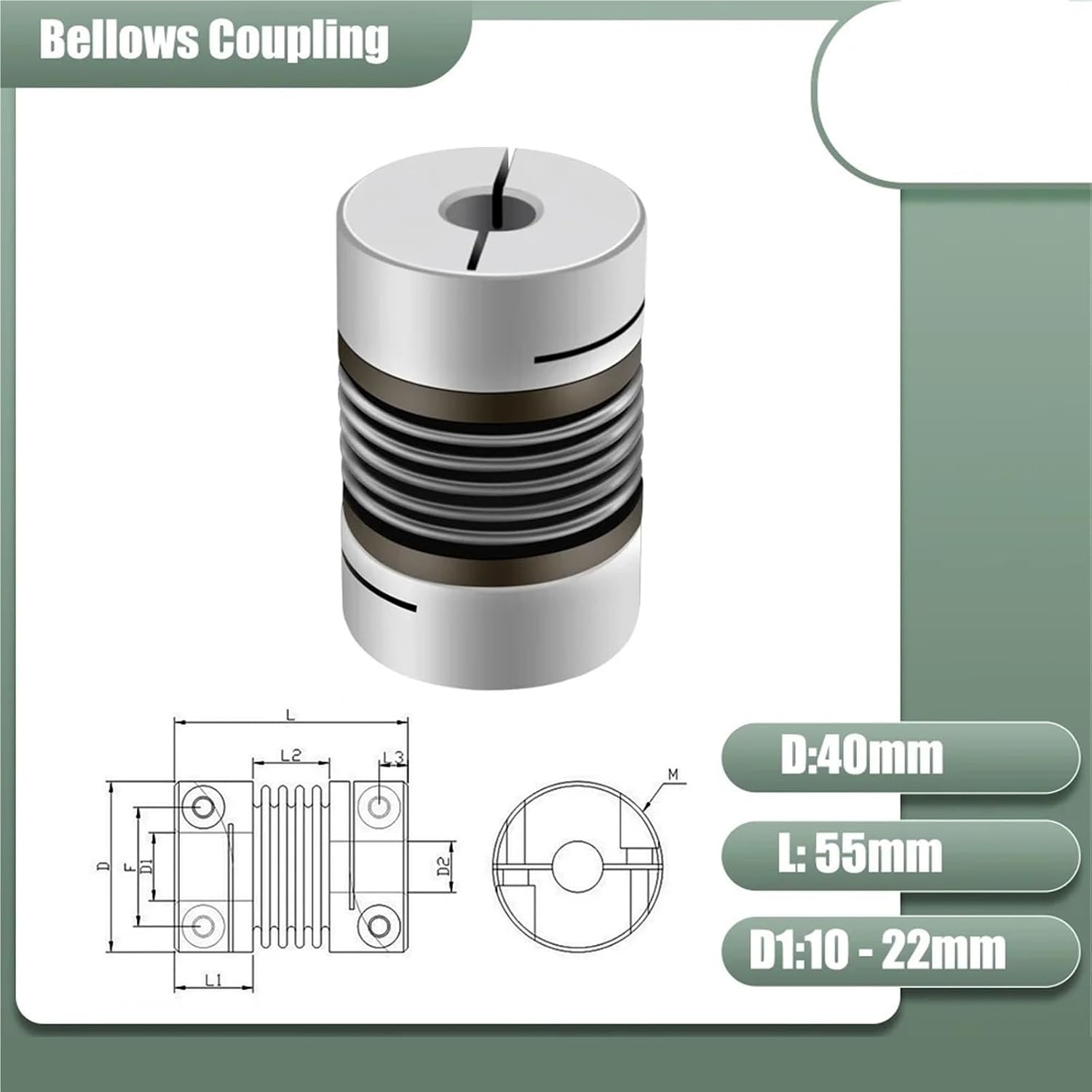 D40L55 Corrugated Aluminum Coupling, 10-22mm Bore, for CNC, Stepper Motor & 3D Printer Shaft Connections(20X20)