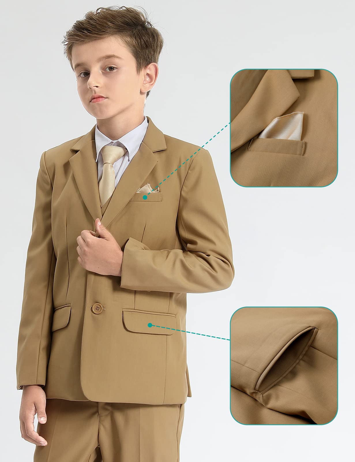A&J DESIGN Conjunto de traje formal de 5 piezas para niños con chaqueta, pantalones de vestir, corbata, pajarita y pañuelo de bolsillo