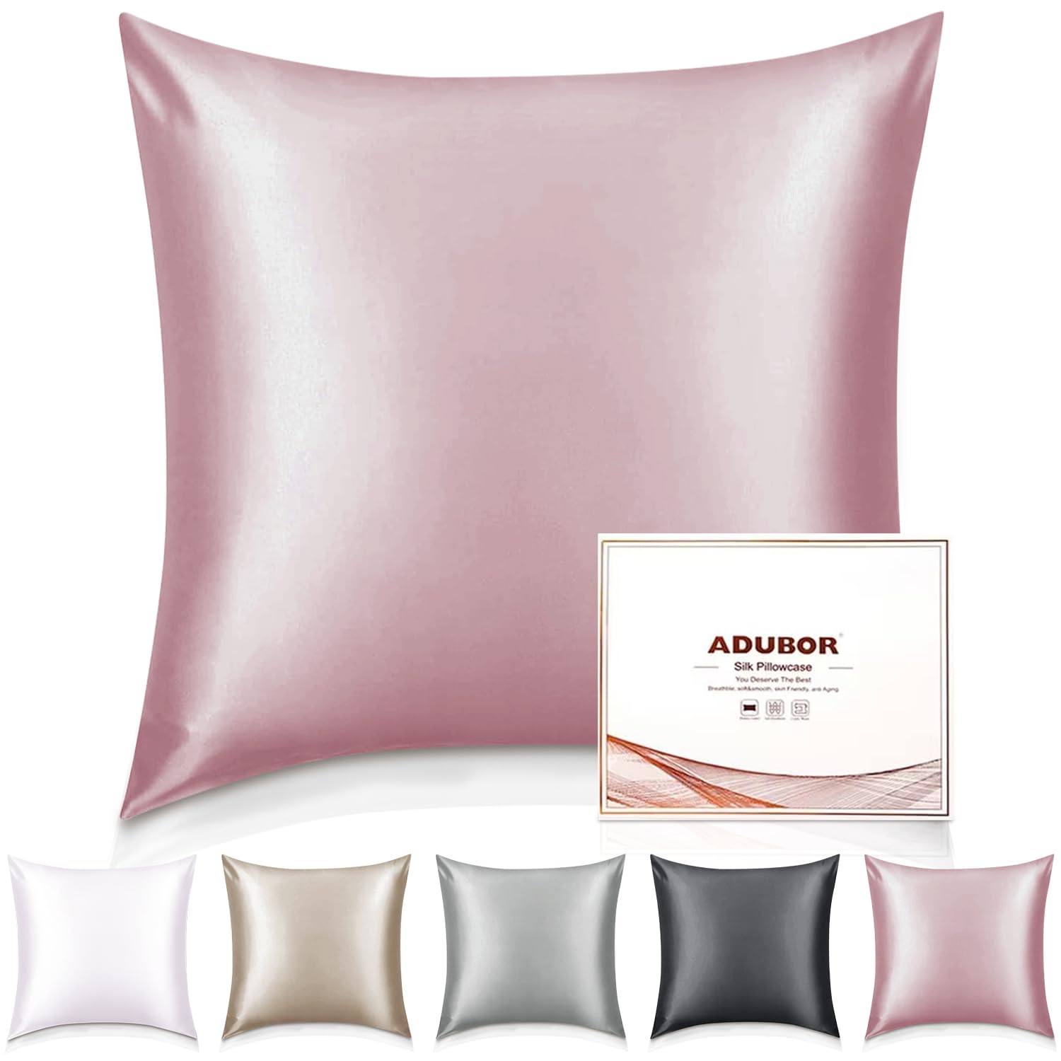 Adubor 100% Seidenkissenbezug 80x80cm für Haar und Haut, mit verstecktem Reißverschluss, beide Seiten, 23 Momme Seide, Fadenzahl 900 (Mittelrosa, 1 Stück)