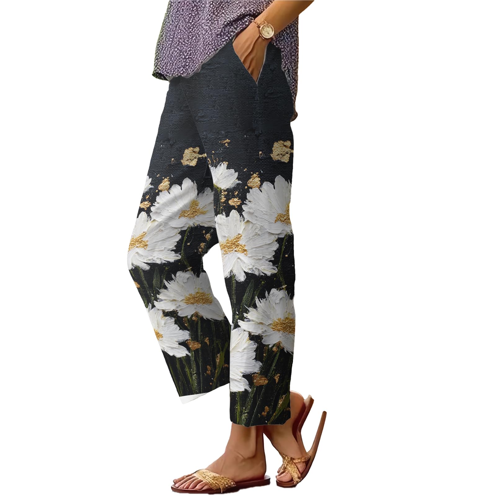 Oil Painting Graphic Pants Women Casual Floral Print Elastic Waist Trousers Comfy Lightweight Summer Clothing