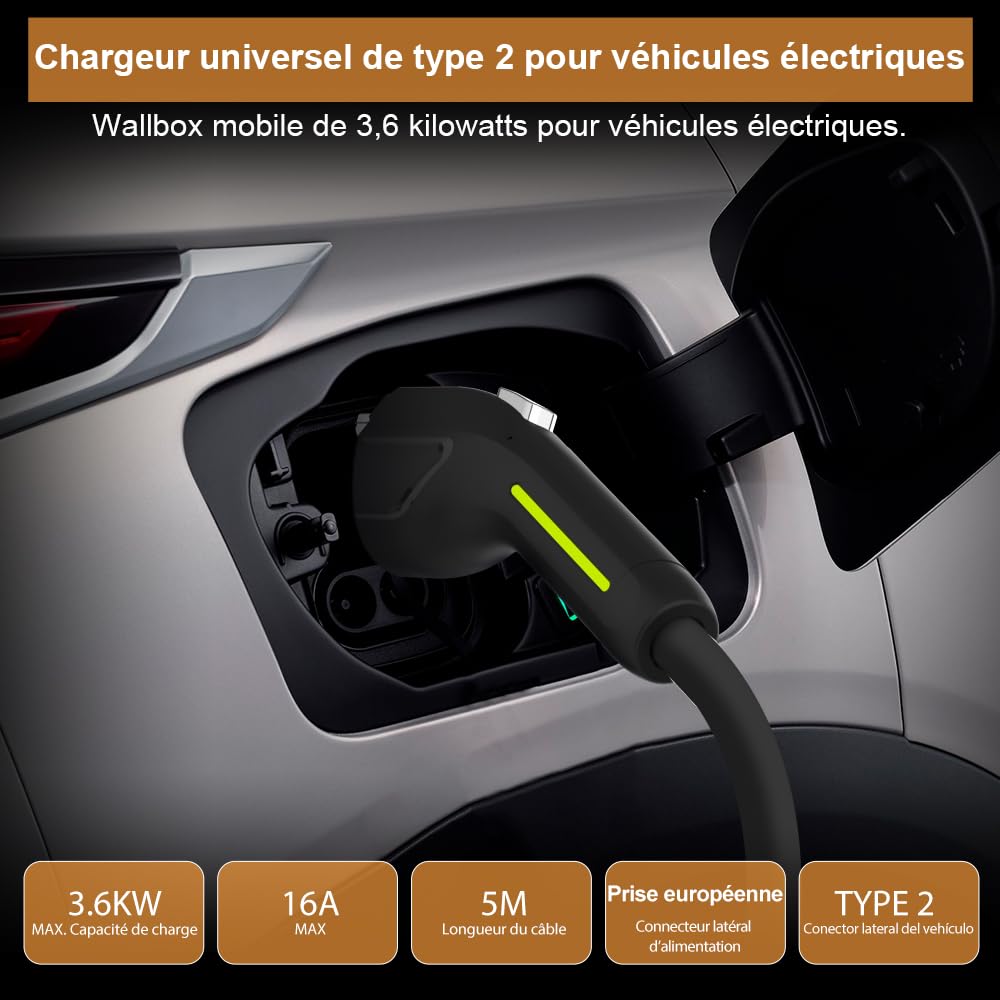 AWESAFE Chargeur Voiture Electrique, Type 2, Mono-phasé 16A, (3.68kW, 5m) Réglable à 6A/8A/10A/13A/16A,Courant Commutable, Boîtier de contrôle argenté, avec Prise Schuko pour Usage Domestique,