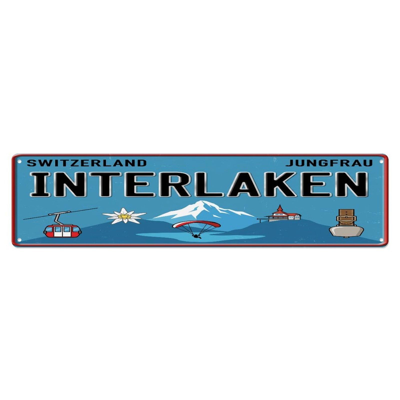 Tgrcjimh Style Metal Tin Sign Vintage Travel Interlaken Switzerland Mountains Lake