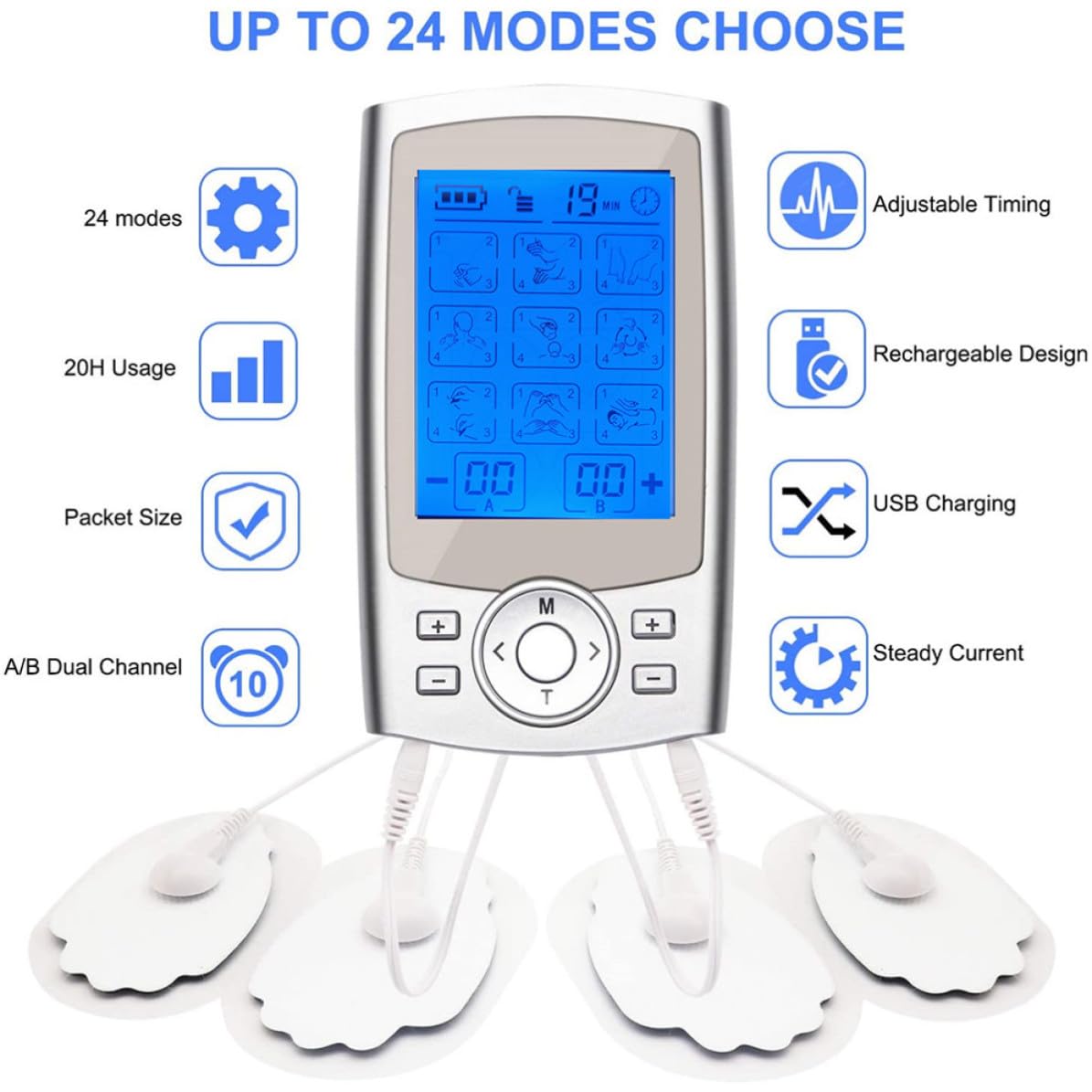 Masajeador Material Abs y Goma para Cuello y Piernas para Terapia Muscular 36 Modos, 8 Electrodos Adecuado para Uso en Casa y Centros de Masaje