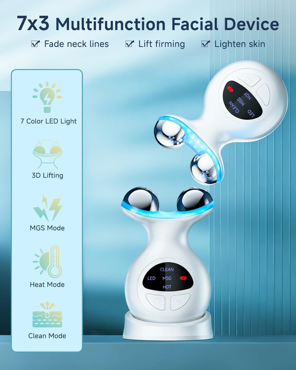 Microcurrent Facial Device for Face & Neck, Face Lifting & Skin Tightening Device with 7 Color LED Light Therapy, Anti Aging Facial Massager, Clean & Heat Modes, Rechargeable Wireless Skincare Tool